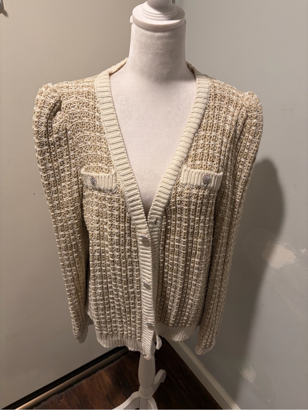 Express Cream Textured Knit Button Cardigan